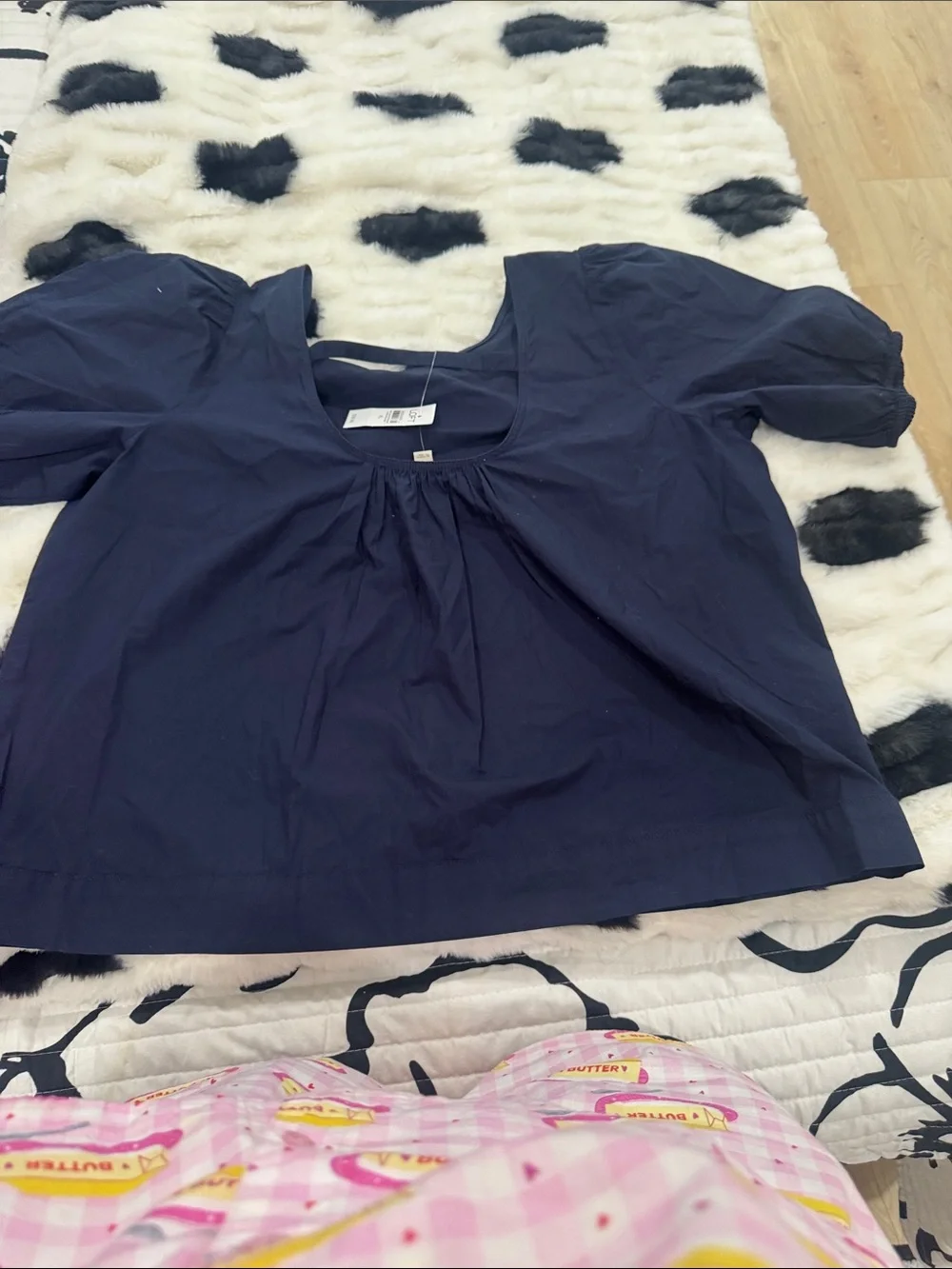 LOFT Navy Puff-Sleeve Cotton Blend Blouse